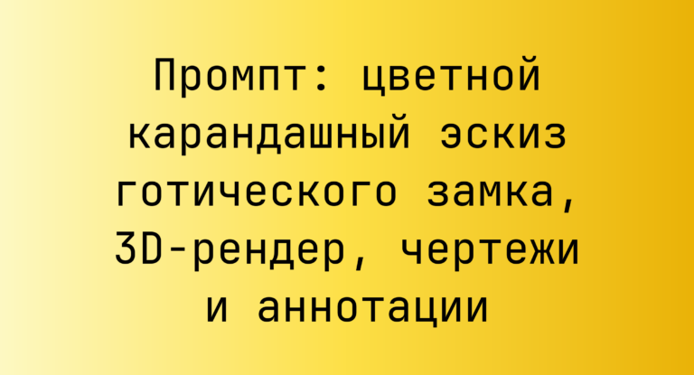Промпт: цветной карандашный эскиз готического замка, 3D-рендер, чертежи и аннотации