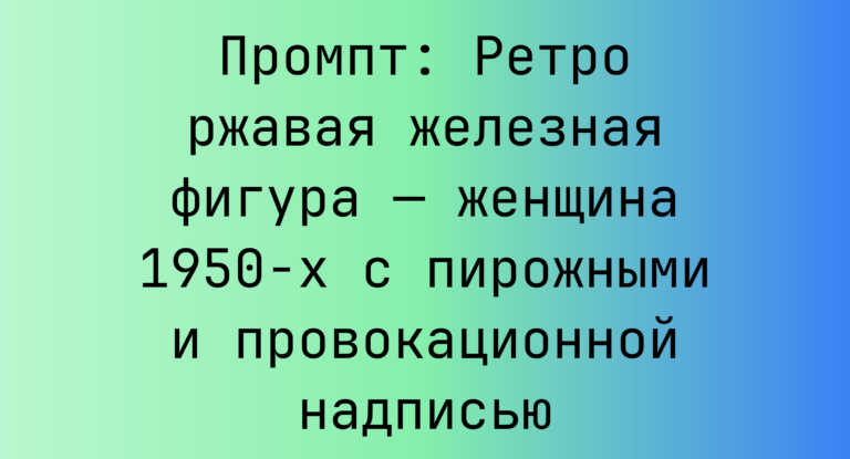 Промпт: Ретро ржавая железная фигура — женщина 1950-х с пирожными и провокационной надписью