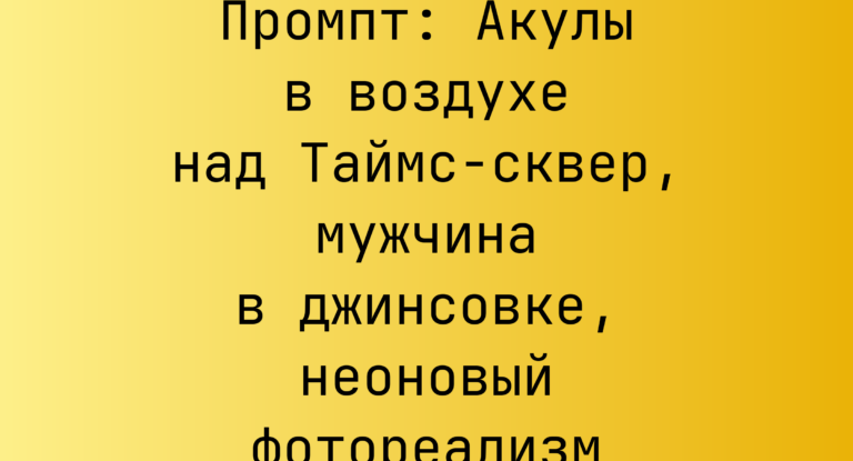 Промпт: Акулы в воздухе над Таймс-сквер, мужчина в джинсовке, неоновый фотореализм