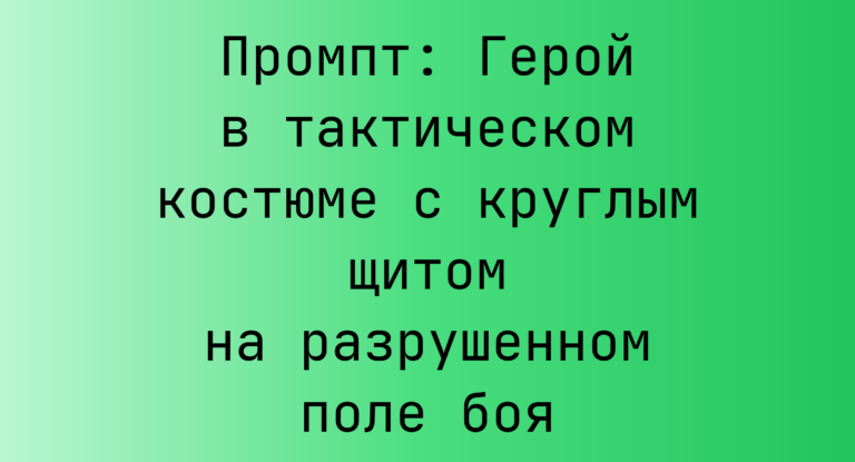 Промпт: Герой в тактическом костюме с круглым щитом на разрушенном поле боя