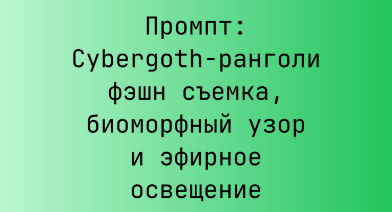 Промпт: Cybergoth-ранголи фэшн съемка, биоморфный узор и эфирное освещение
