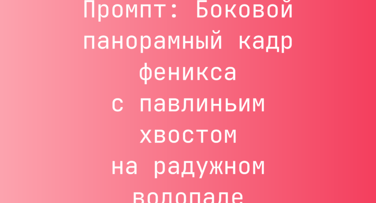 Промпт: Боковой панорамный кадр феникса с павлиньим хвостом на радужном водопаде