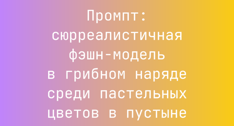 Промпт: сюрреалистичная фэшн-модель в грибном наряде среди пастельных цветов в пустыне