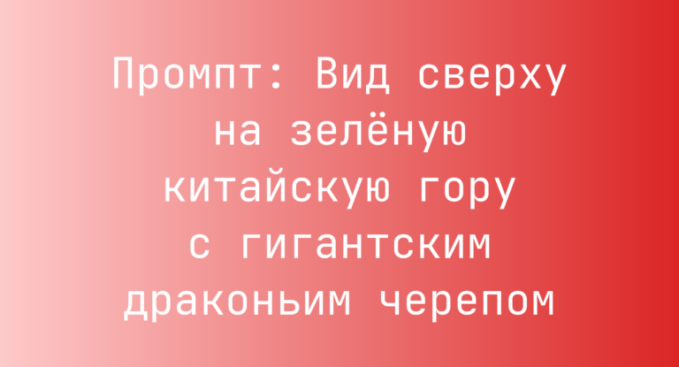 Промпт: Вид сверху на зеленую китайскую гору с гигантским драконьим черепом