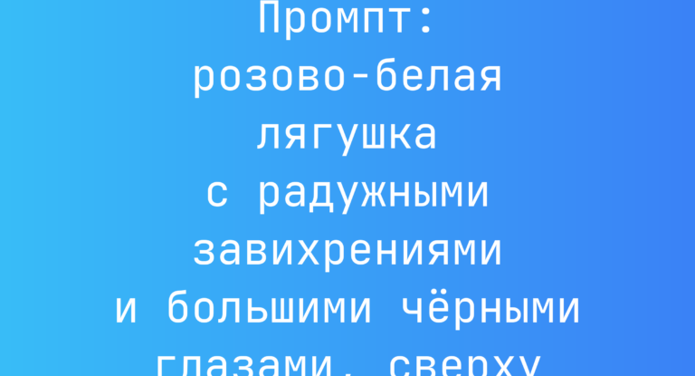 Промпт: розово-белая лягушка с радужными завихрениями и большими черными глазами, сверху