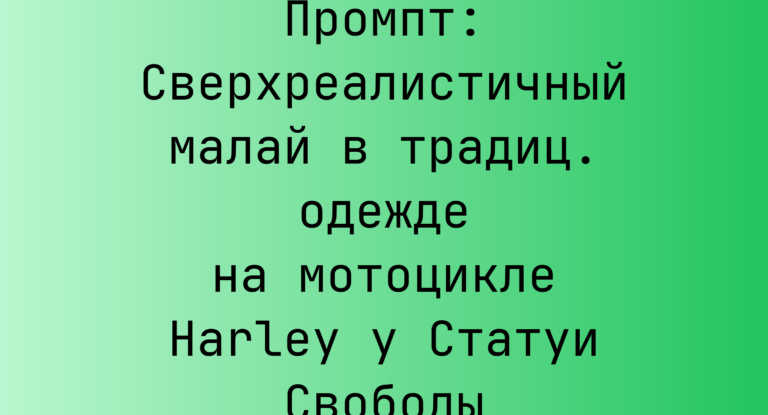 Промпт: Сверхреалистичный малай в традиц. одежде на мотоцикле Harley у Статуи Свободы