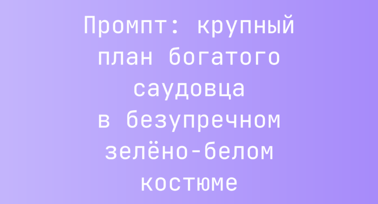 Промпт: крупный план богатого саудовца в безупречном зелено-белом костюме