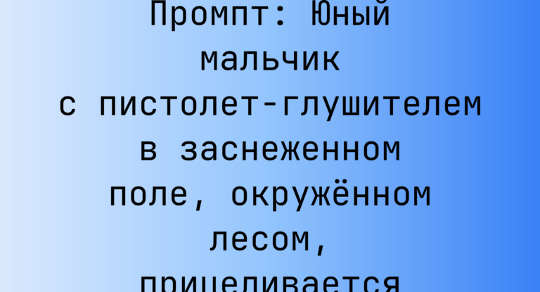 Промпт: Юный мальчик с пистолет-глушителем в заснеженном поле, окруженном лесом, прицеливается