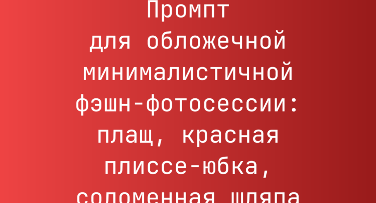 Промпт для обложечной минималистичной фэшн-фотосессии: плащ, красная плиссе-юбка, соломенная шляпа