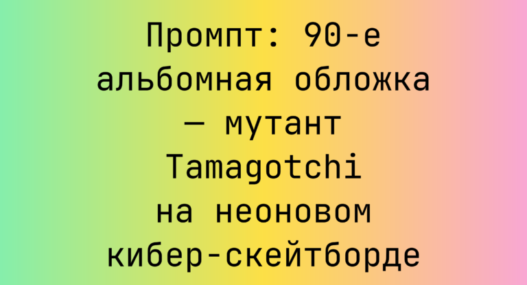Промпт: 90-е альбомная обложка — мутант Tamagotchi на неоновом кибер-скейтборде