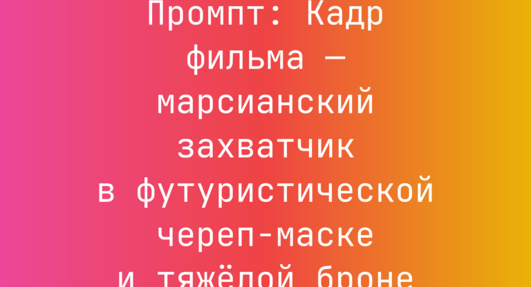 Промпт: Кадр фильма — марсианский захватчик в футуристической череп-маске и тяжелой броне