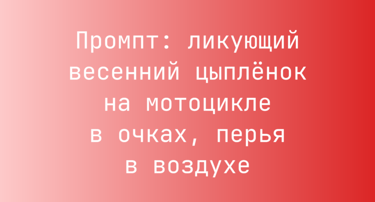 Промпт: ликующий весенний цыпленок на мотоцикле в очках, перья в воздухе