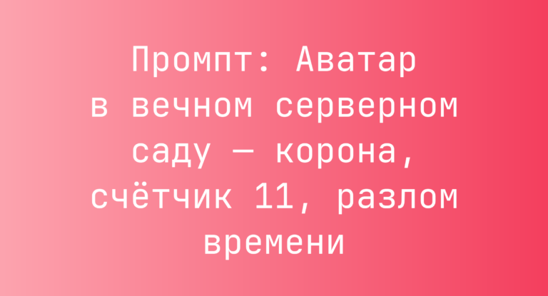 Промпт: Аватар в вечном серверном саду — корона, счетчик 11, разлом времени