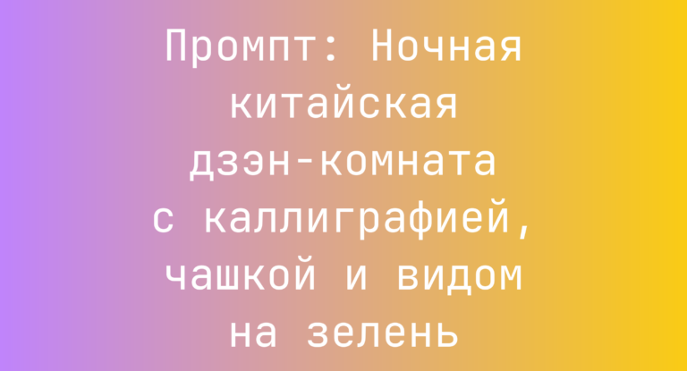 Промпт: Ночная китайская дзэн-комната с каллиграфией, чашкой и видом на зелень