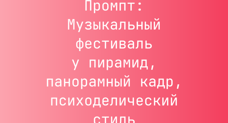 Промпт: Музыкальный фестиваль у пирамид, панорамный кадр, психоделический стиль