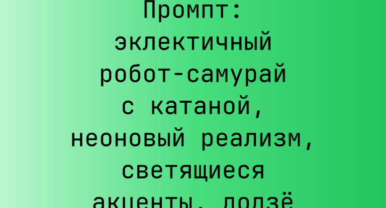 Промпт: эклектичный робот-самурай с катаной, неоновый реализм, светящиеся акценты, додзе