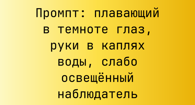Промпт: плавающий в темноте глаз, руки в каплях воды, слабо освещенный наблюдатель