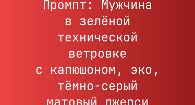 Промпт: Мужчина в зеленой технической ветровке с капюшоном, эко, темно-серый матовый джерси