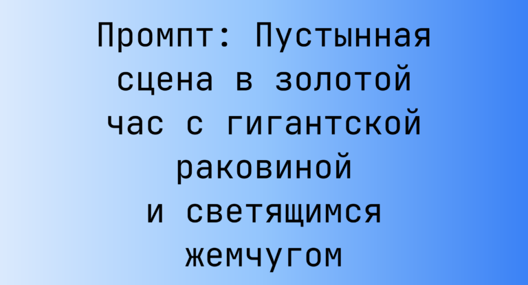 Промпт: Пустынная сцена в золотой час с гигантской раковиной и светящимся жемчугом