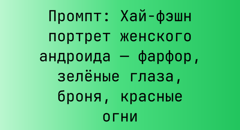 Промпт: Хай-фэшн портрет женского андроида — фарфор, зеленые глаза, броня, красные огни