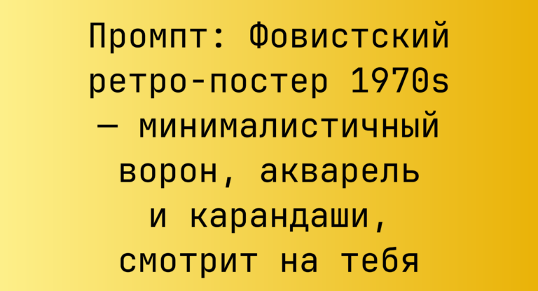Промпт: Фовистский ретро-постер 1970s — минималистичный ворон, акварель и карандаши, смотрит на тебя