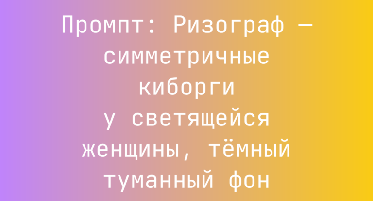 Промпт: Ризограф — симметричные киборги у светящейся женщины, темный туманный фон