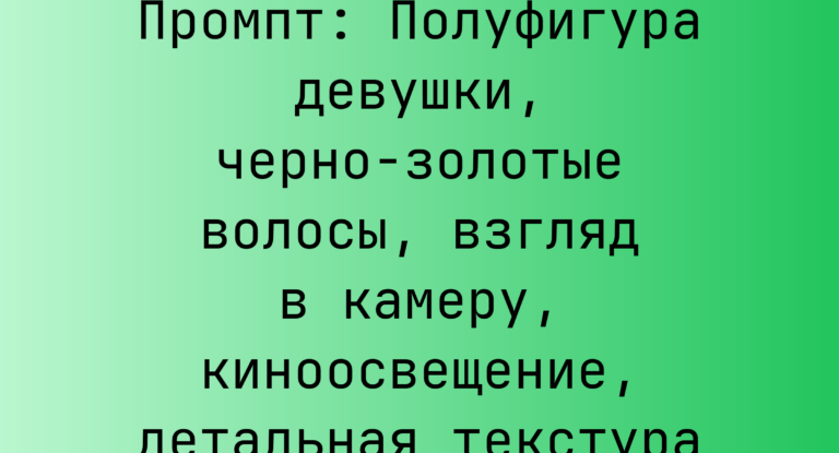 Промпт: Полуфигура девушки, черно-золотые волосы, взгляд в камеру, киноосвещение, детальная текстура