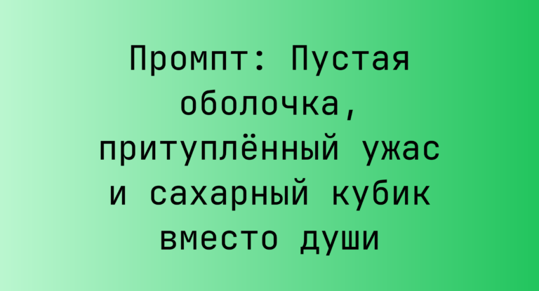 Промпт: Пустая оболочка, притупленный ужас и сахарный кубик вместо души