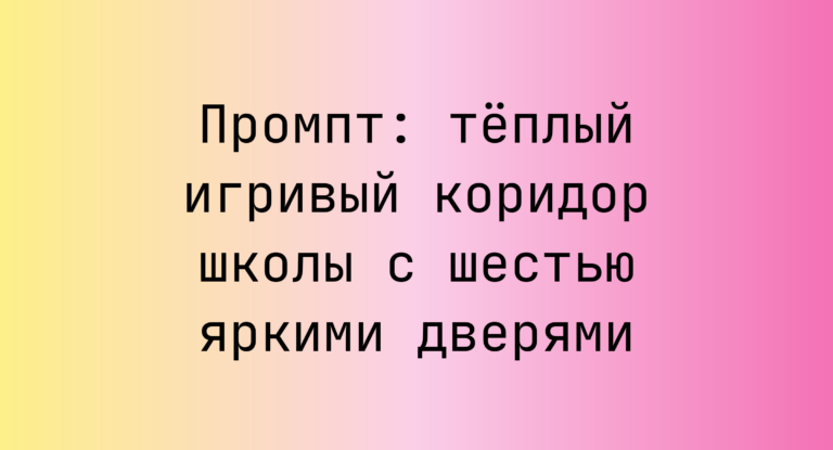 Промпт: теплый игривый коридор школы с шестью яркими дверями