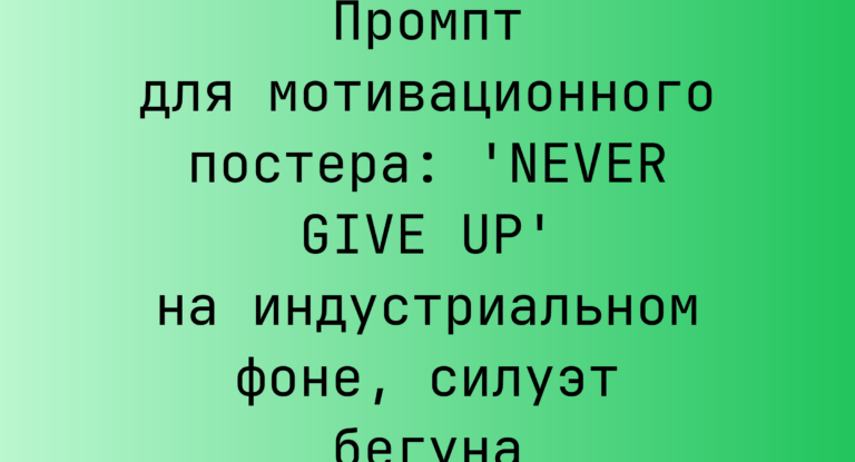 Промпт для мотивационного постера: ‘NEVER GIVE UP’ на индустриальном фоне, силуэт бегуна