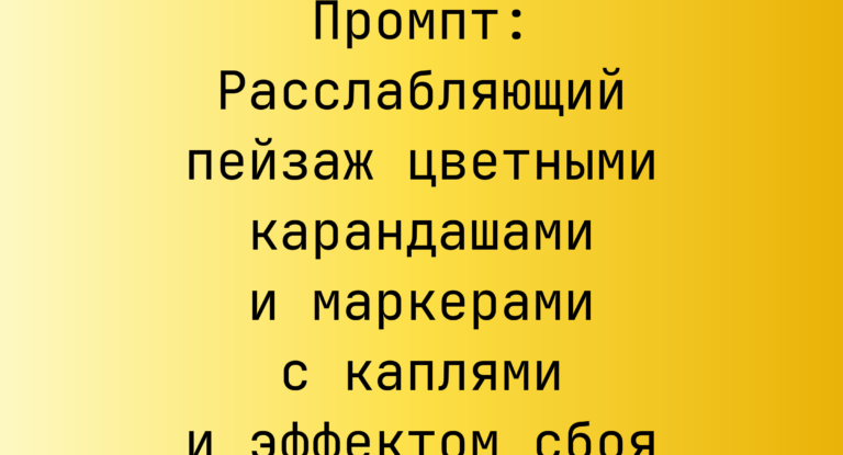 Промпт: Расслабляющий пейзаж цветными карандашами и маркерами с каплями и эффектом сбоя