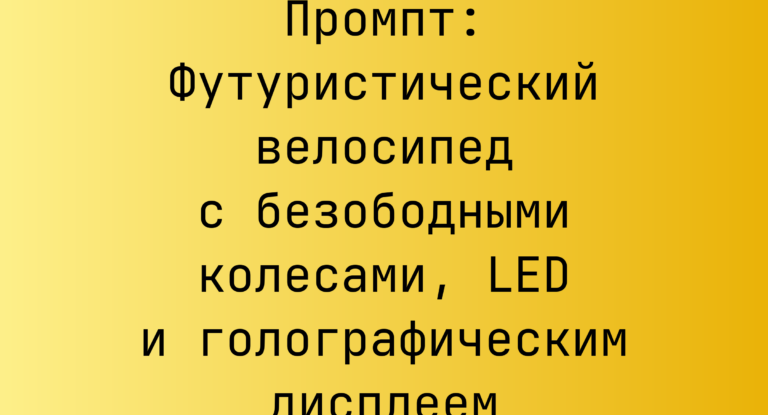 Промпт: Футуристический велосипед с безободными колесами, LED и голографическим дисплеем