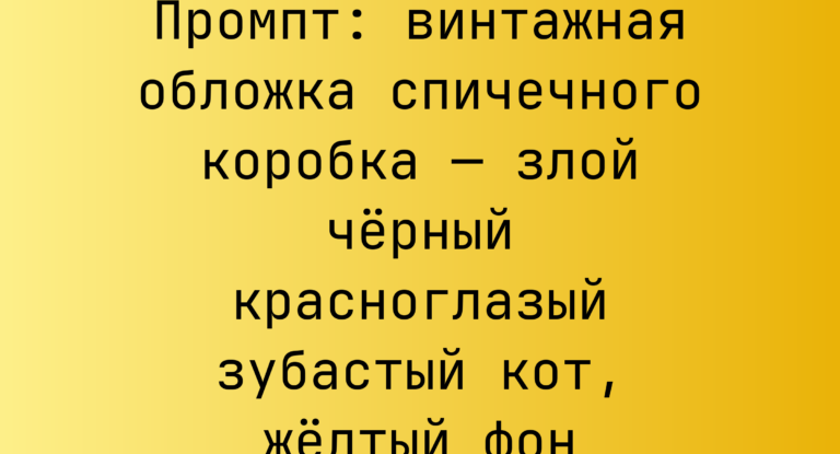 Промпт: винтажная обложка спичечного коробка — злой черный красноглазый зубастый кот, желтый фон