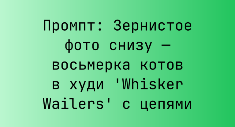 Промпт: Зернистое фото снизу — восьмерка котов в худи ‘Whisker Wailers’ с цепями