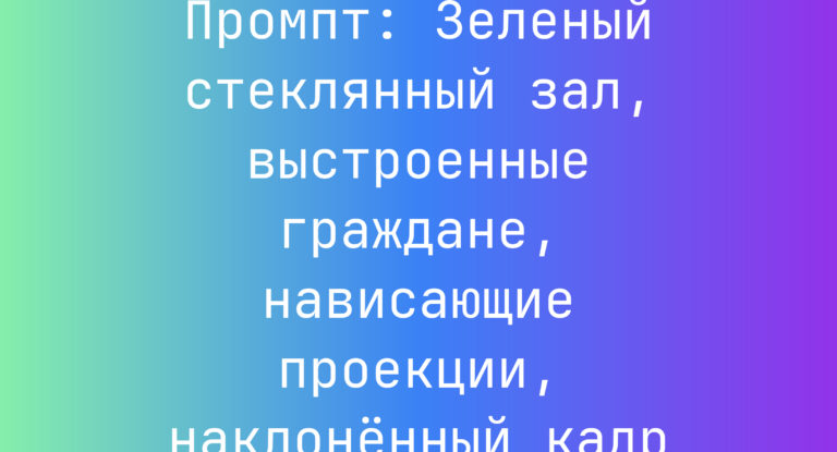 Промпт: Зеленый стеклянный зал, выстроенные граждане, нависающие проекции, наклоненный кадр