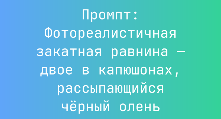 Промпт: Фотореалистичная закатная равнина — двое в капюшонах, рассыпающийся черный олень