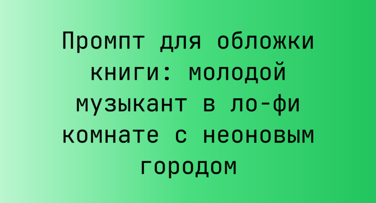 Промпт для обложки книги: молодой музыкант в ло‑фи комнате с неоновым городом