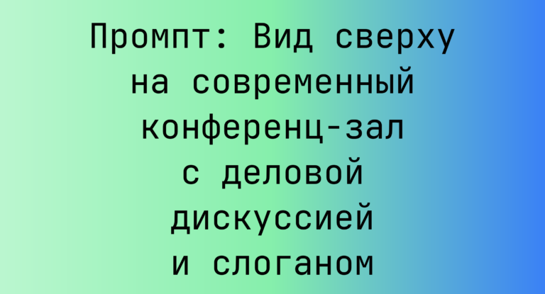 Промпт: Вид сверху на современный конференц-зал с деловой дискуссией и слоганом