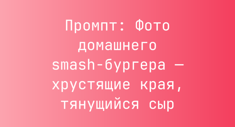 Промпт: Фото домашнего smash-бургера — хрустящие края, тянущийся сыр