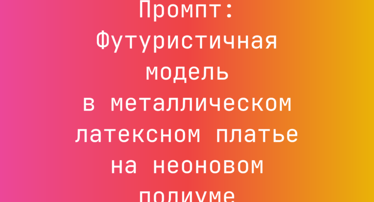 Промпт: Футуристичная модель в металлическом латексном платье на неоновом подиуме