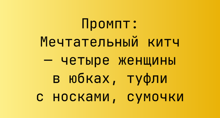 Промпт: Мечтательный китч — четыре женщины в юбках, туфли с носками, сумочки