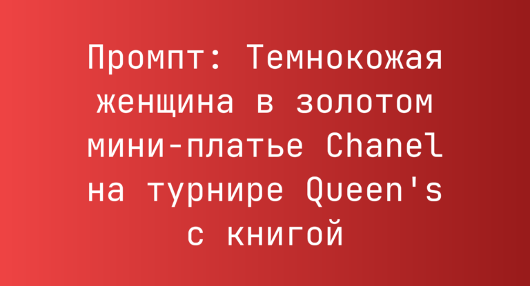 Промпт: Темнокожая женщина в золотом мини-платье Chanel на турнире Queen’s с книгой