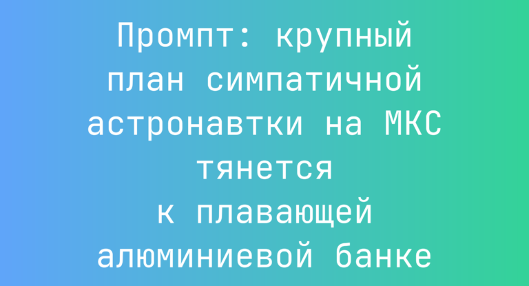 Промпт: крупный план симпатичной астронавтки на МКС тянется к плавающей алюминиевой банке