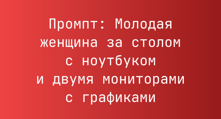 Промпт: Молодая женщина за столом с ноутбуком и двумя мониторами с графиками