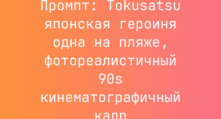 Промпт: Tokusatsu японская героиня одна на пляже, фотореалистичный 90s кинематографичный кадр