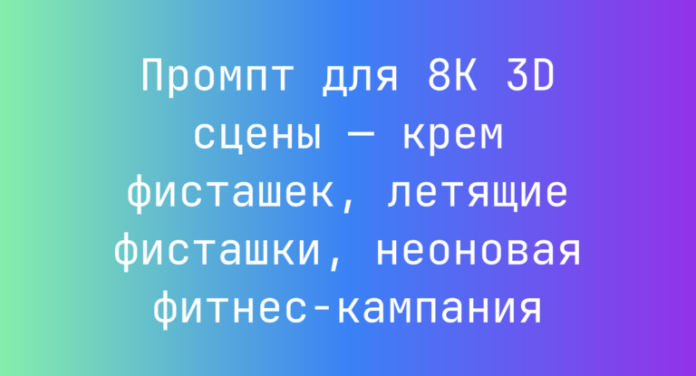 Промпт для 8K 3D сцены — крем фисташек, летящие фисташки, неоновая фитнес-кампания