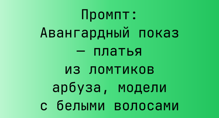 Промпт: Авангардный показ — платья из ломтиков арбуза, модели с белыми волосами