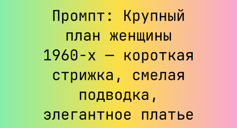 Промпт: Крупный план женщины 1960-х — короткая стрижка, смелая подводка, элегантное платье