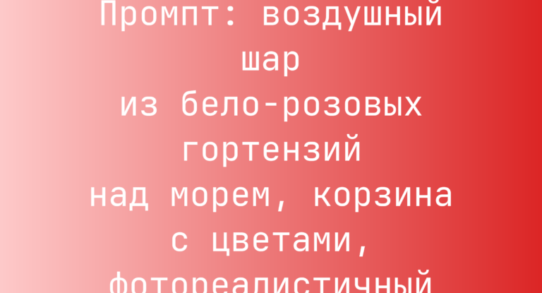 Промпт: воздушный шар из бело-розовых гортензий над морем, корзина с цветами, фотореалистичный