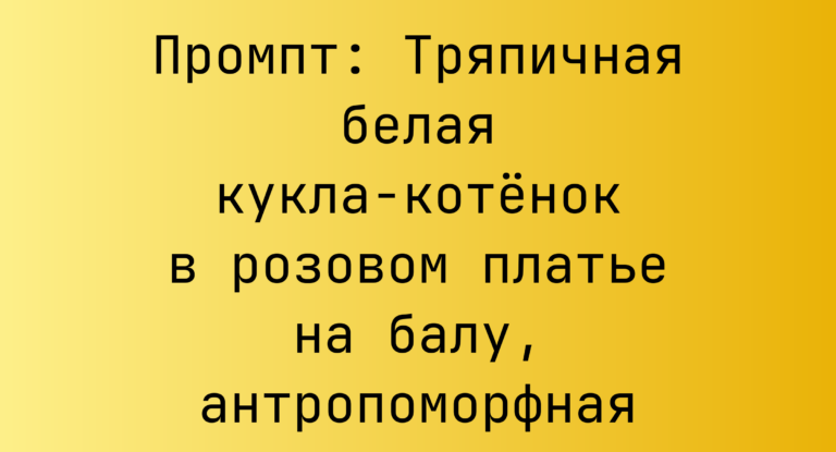 Промпт: Тряпичная белая кукла-котенок в розовом платье на балу, антропоморфная